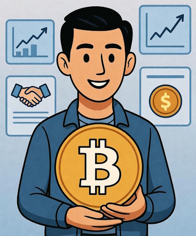 Bitcoin lending explained - person holding Bitcoin with loan documents and cash